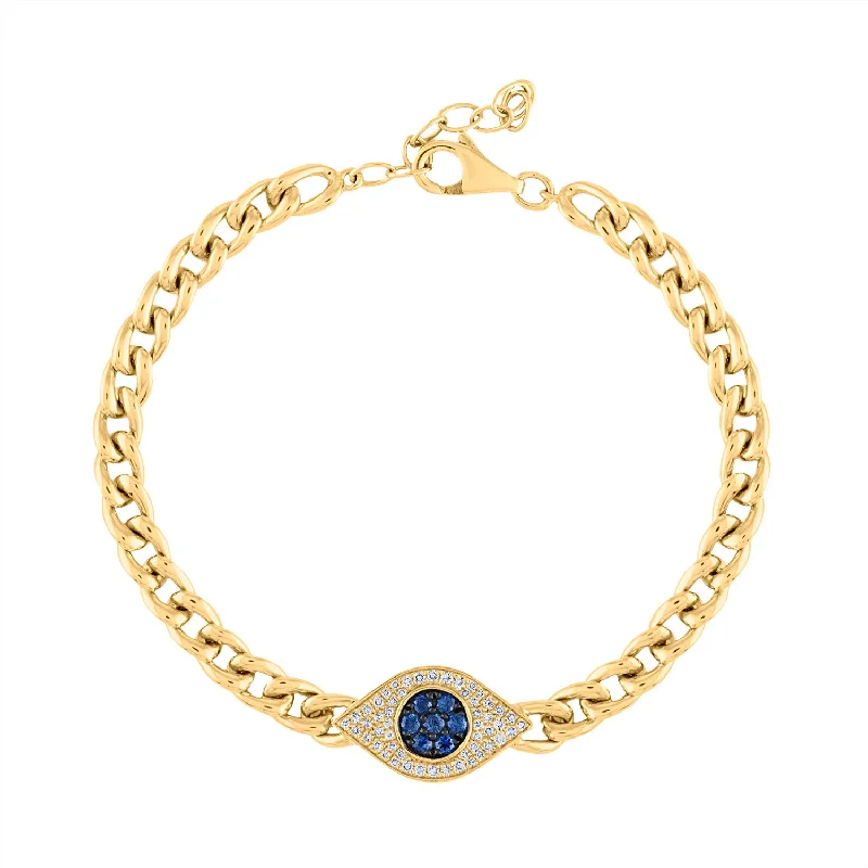 14KT GOLD DIAMOND AND BLUE SAPPHIRE EVIL EYE LINK BRACELET