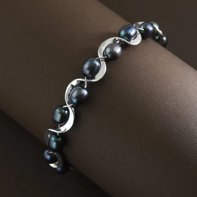 Black Pearl Ruffle Bracelet in Sterling Silver by Tom Kruskal