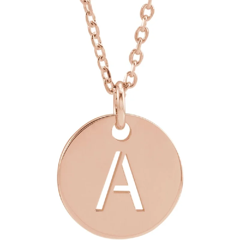 14k Rose Gold Initial A-Z, SM 10mm Pierced Disc Necklace, 16-18 Inch