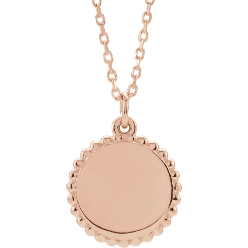 14k White, Yellow or Rose Gold 12mm Bead Edge Disc Necklace, 16-18 In.