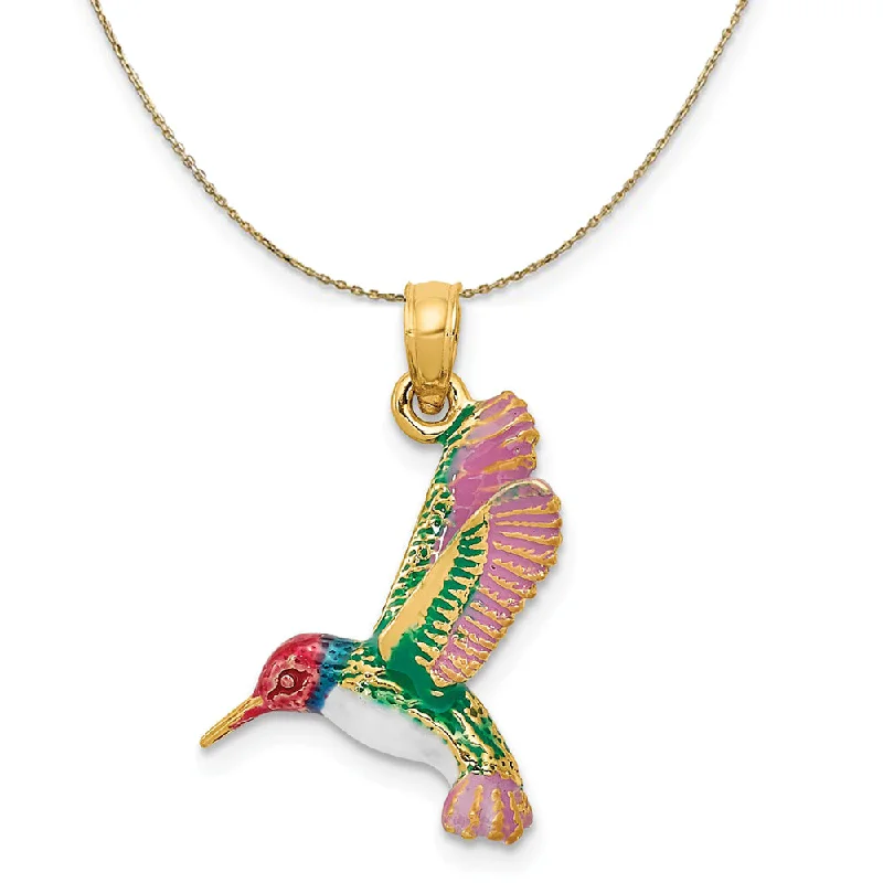 14k Yellow Gold 3D Enameled Hummingbird Necklace