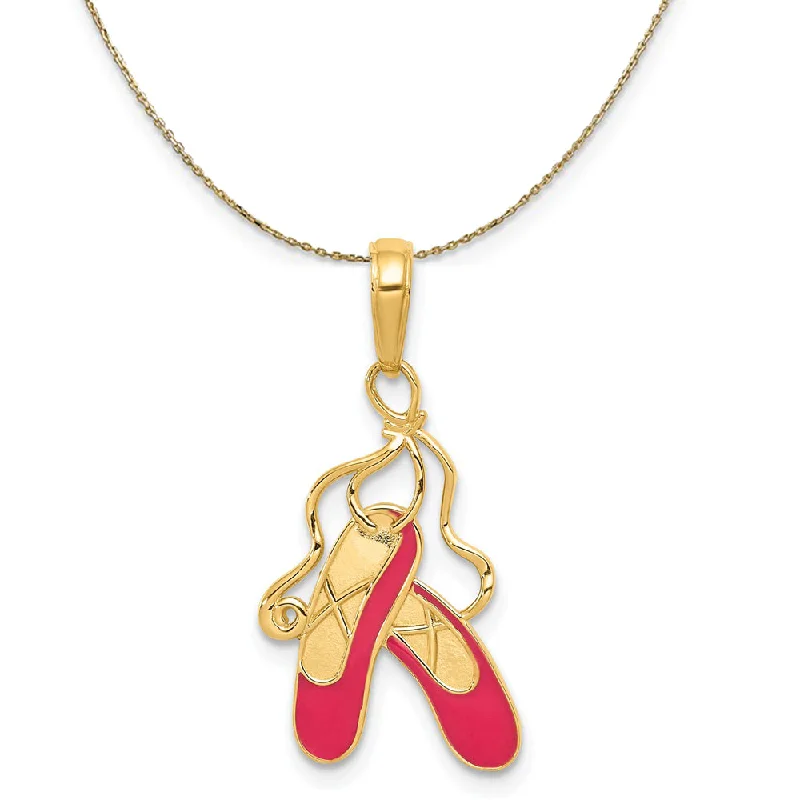 14k Yellow Gold and Enamel Pink Ballet Slippers Necklace