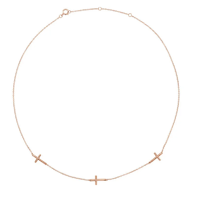 14k Yellow, White or Rose Gold 3 Station Sideways Cross Necklace