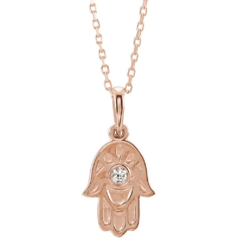 14k Yellow, White or Rose Gold Diamond Small Hamsa Necklace, 16-18 In.