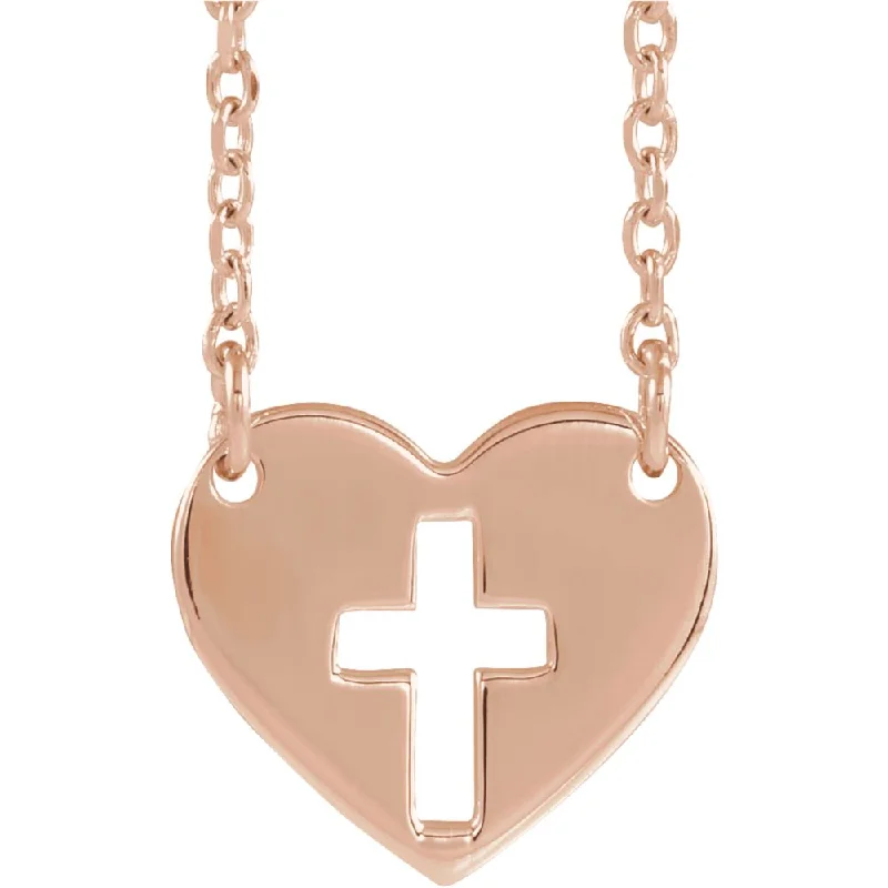 14k Yellow, White or Rose Gold Pierced Cross Heart Necklace, 16-18 In.