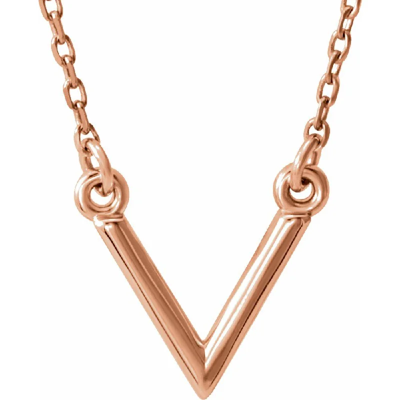 14k Yellow, White or Rose Gold Small 10mm V Shaped Necklace, 16.5 Inch