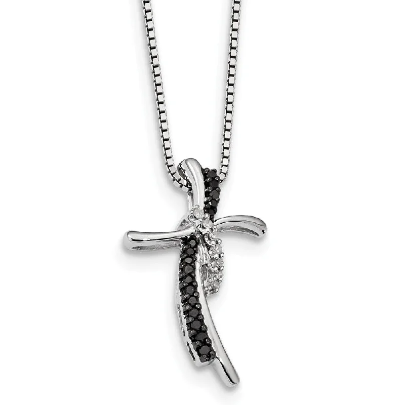 Black & White Diamond Double Crescent Cross Sterling Silver Necklace