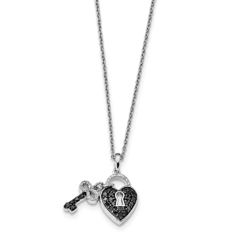 Black & White Diamond Heart Lock & Key Necklace in Sterling Silver