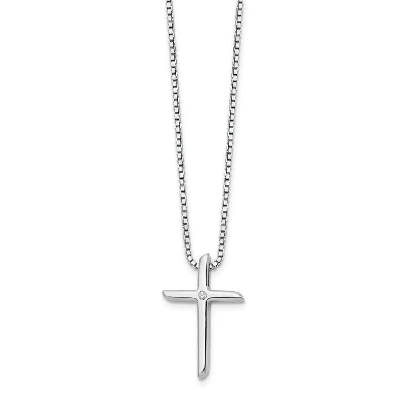 Diamond Cross Box Chain Necklace in Rhodium Plated Silver, 18-20 Inch