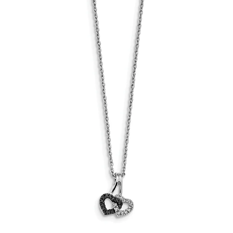 Small Black & White Diamond Double Heart Necklace in Sterling Silver