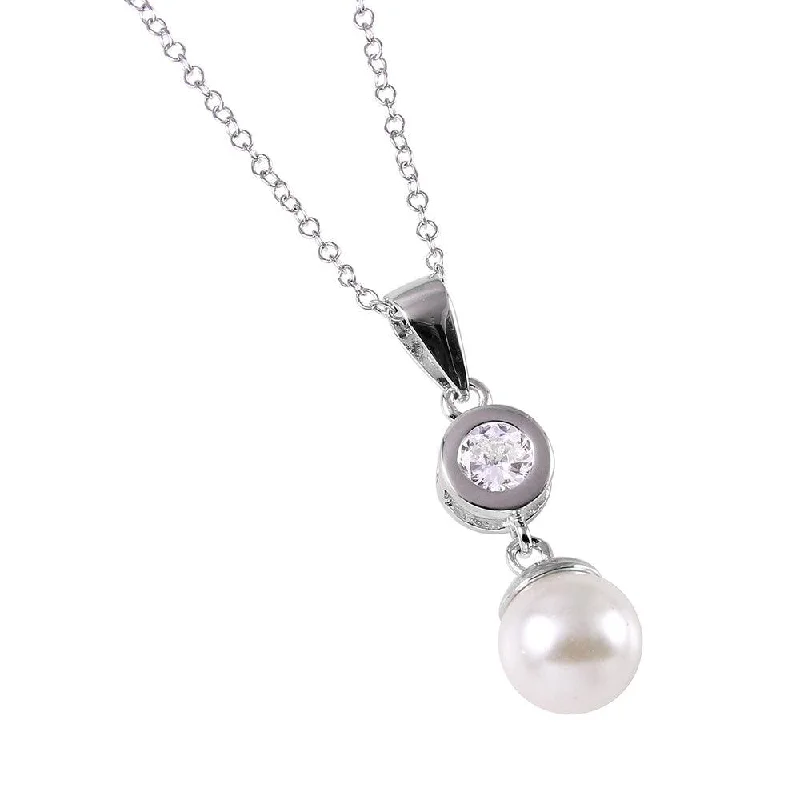 Silver 925 CZ and Synthetic Pearl Drop Necklace - BGP00527