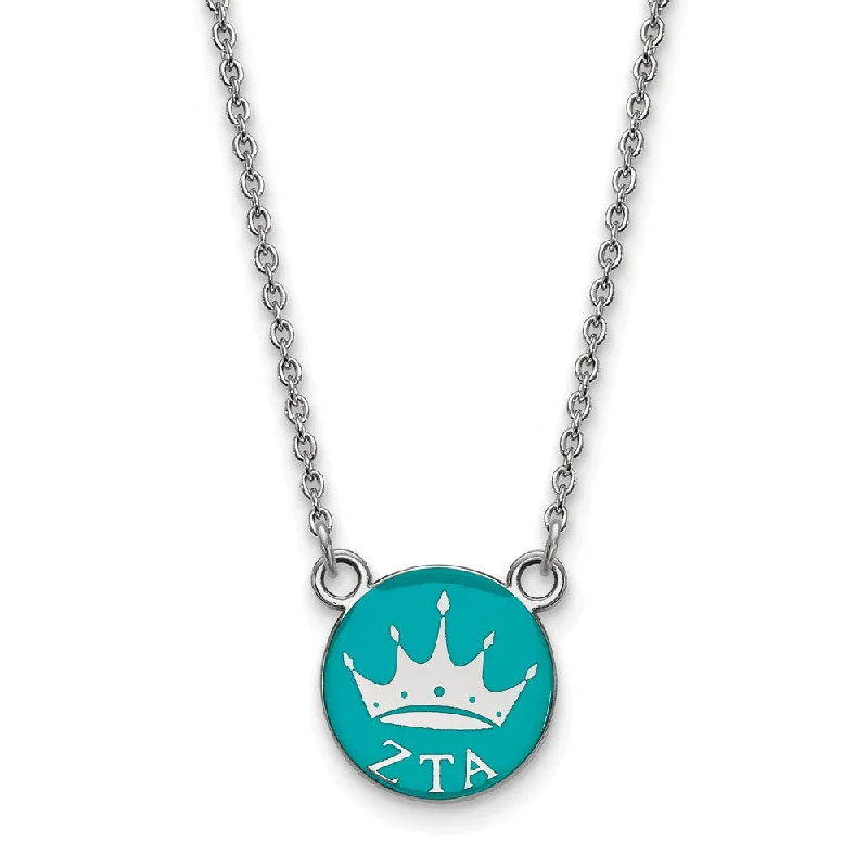 Sterling Silver Zeta Tau Alpha Small Enamel Crown Disc Necklace