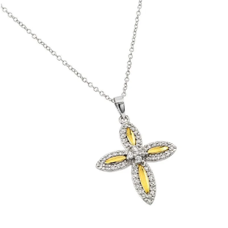 Silver 925 Rhodium Plated Clear and Yellow CZ 4 Petal Flower Pendant Necklace - BGP00890