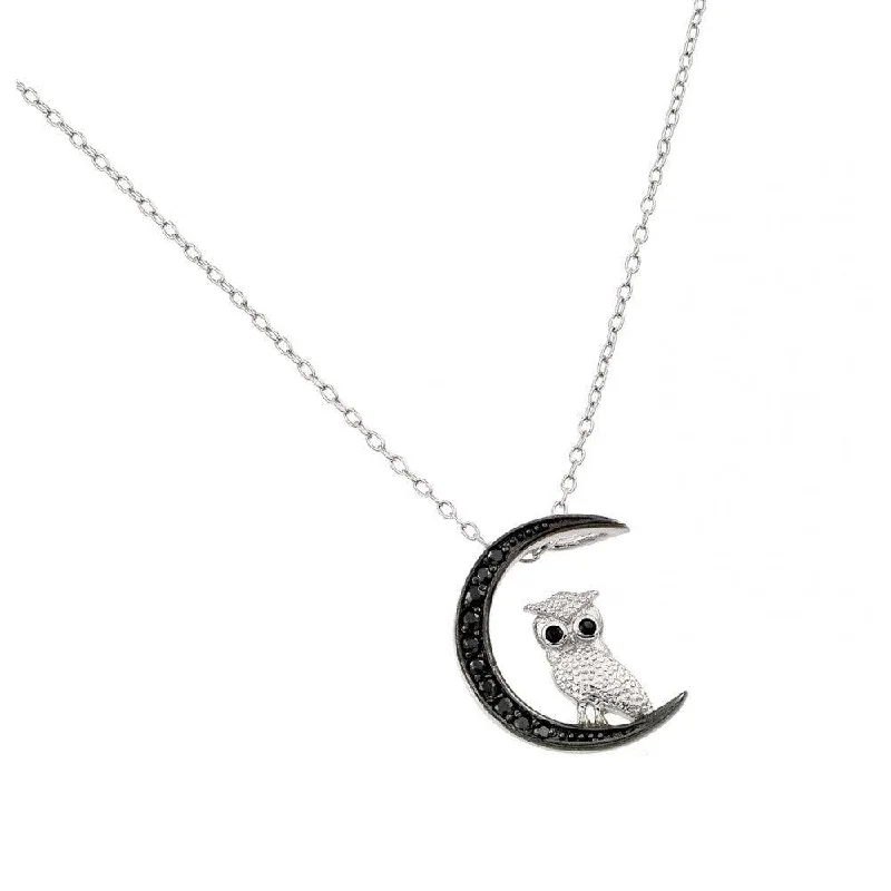 Silver 925 Black Rhodium Plated Moon and Owl Pendant Necklace - STP01386