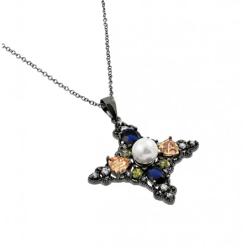 Silver 925 Black Rhodium Plated Multi-Color CZ Stones and Pearl Pendant Necklace - BGP00930