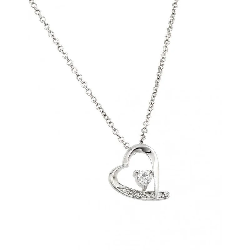 Silver 925 Clear CZ Rhodium Plated Heart Pendant Necklace - BGP00133