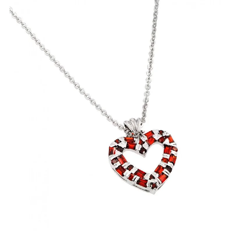 Silver 925 Garnet CZ Rhodium Plated Heart Pendant Necklace - BGP00014