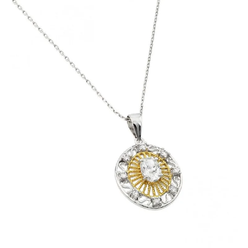 Silver 925 Gold and Rhodium Plated Circle Center CZ Necklace - BGP00462