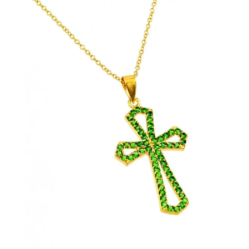 Silver 925 Gold Plated Cross with Green CZ stones Pendant Necklace - BGP00895