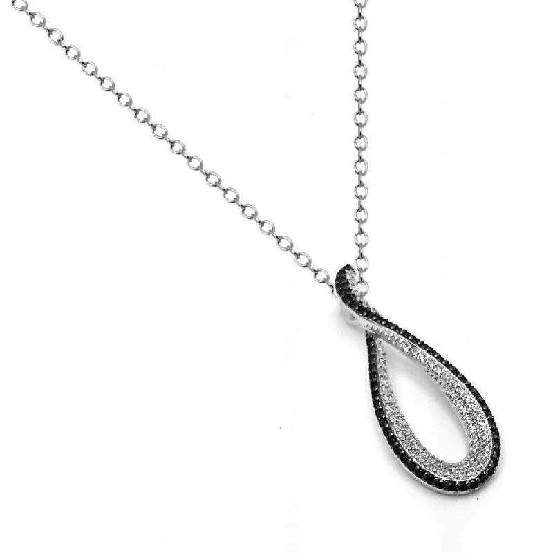 Silver 925 Rhodium and Black Rhodium Plated Clear CZ Drop Shape Pendant Necklace - BGP00939