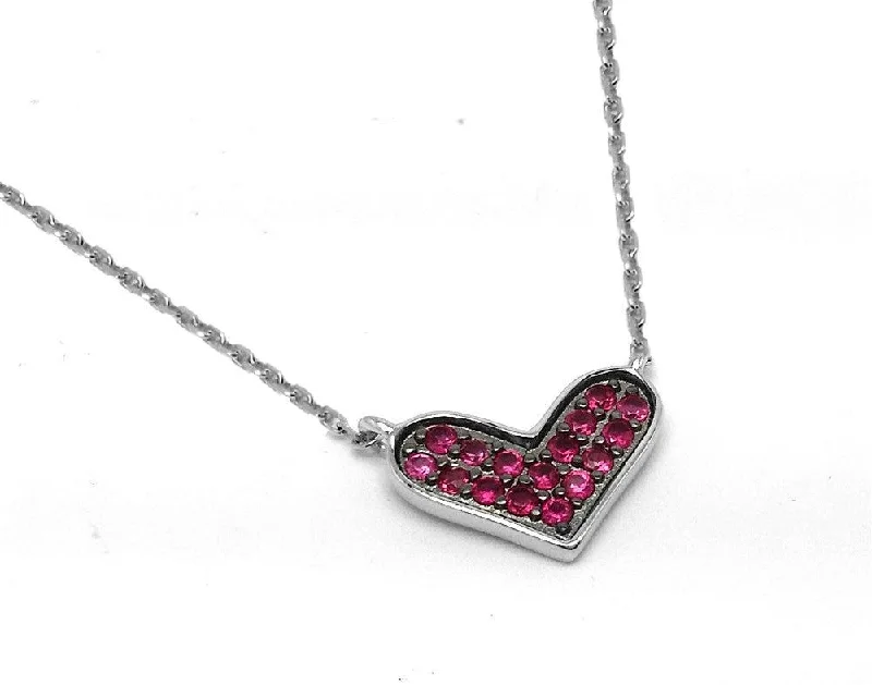 Silver 925 Rhodium and Black Rhodium Plated Red CZ Wide Heart Pendant Necklace - BGP00943RED