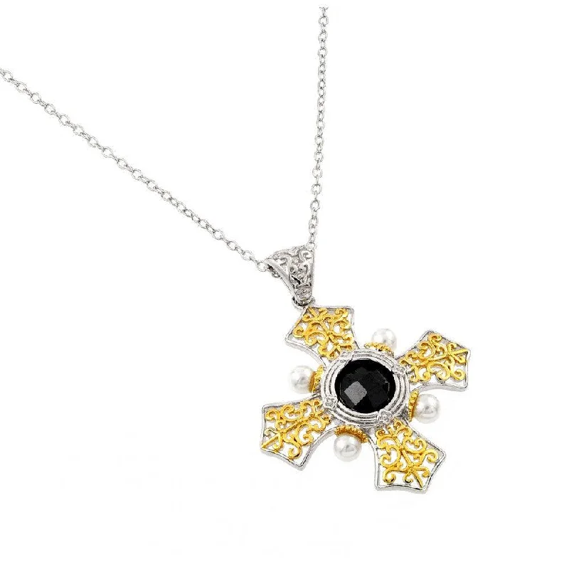 Silver 925 Rhodium and Gold Plated Box Cross with Black CZ Stone Pendant Necklace - BGP00897