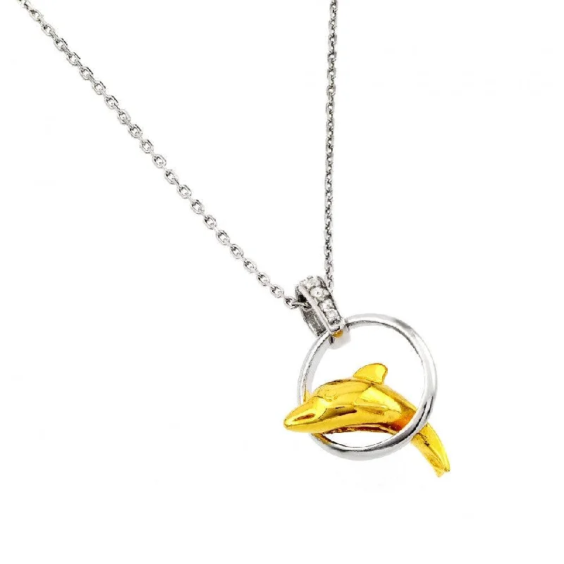 Silver 925 Rhodium and Gold Plated Dolphin Leaping Over Hoop Pendant Necklace - BGP00875