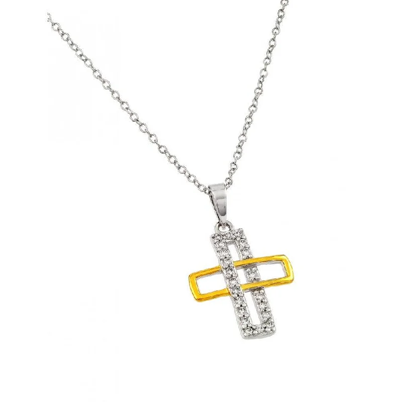 Silver 925 Rhodium and Gold Plated Interlaced Rectangle Cross Pendant Necklace - BGP00884