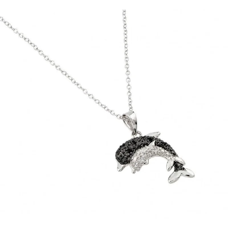 Silver 925 Rhodium Plated Black and Clear Dolphin Necklace - BGP00680