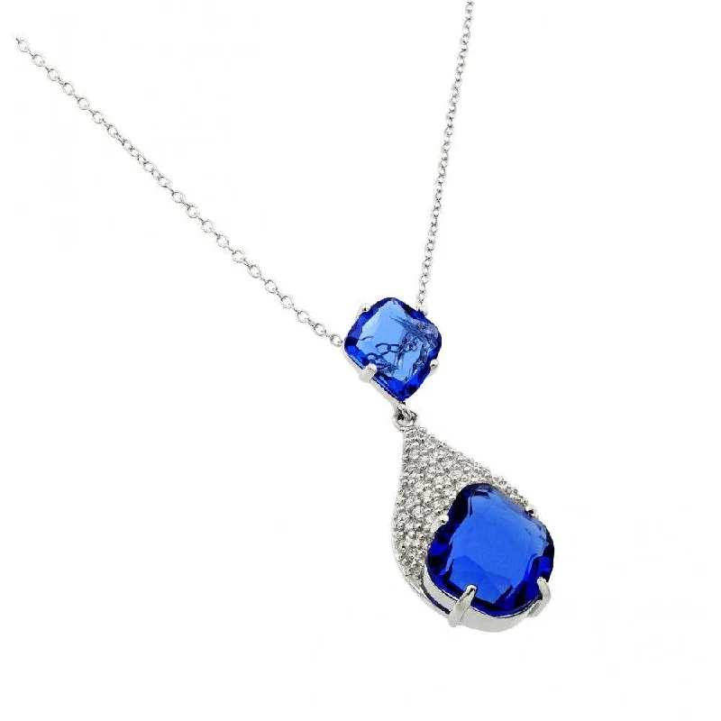 Silver 925 Rhodium Plated Blue and Clear CZ Drop Shape Pendant Necklace - BGP00915