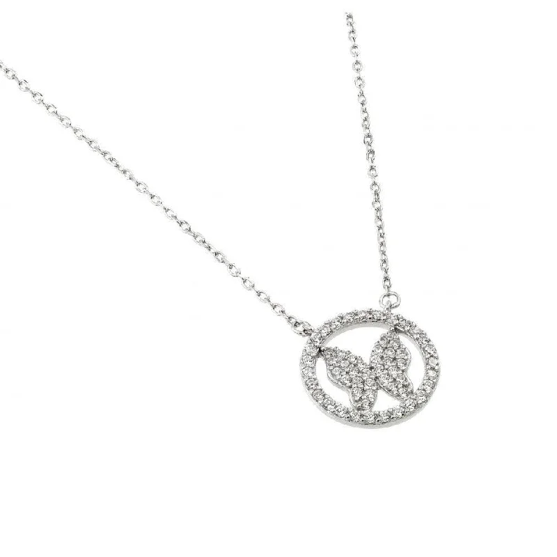 Silver 925 Rhodium Plated Butterfly Circle Necklace - BGP00998