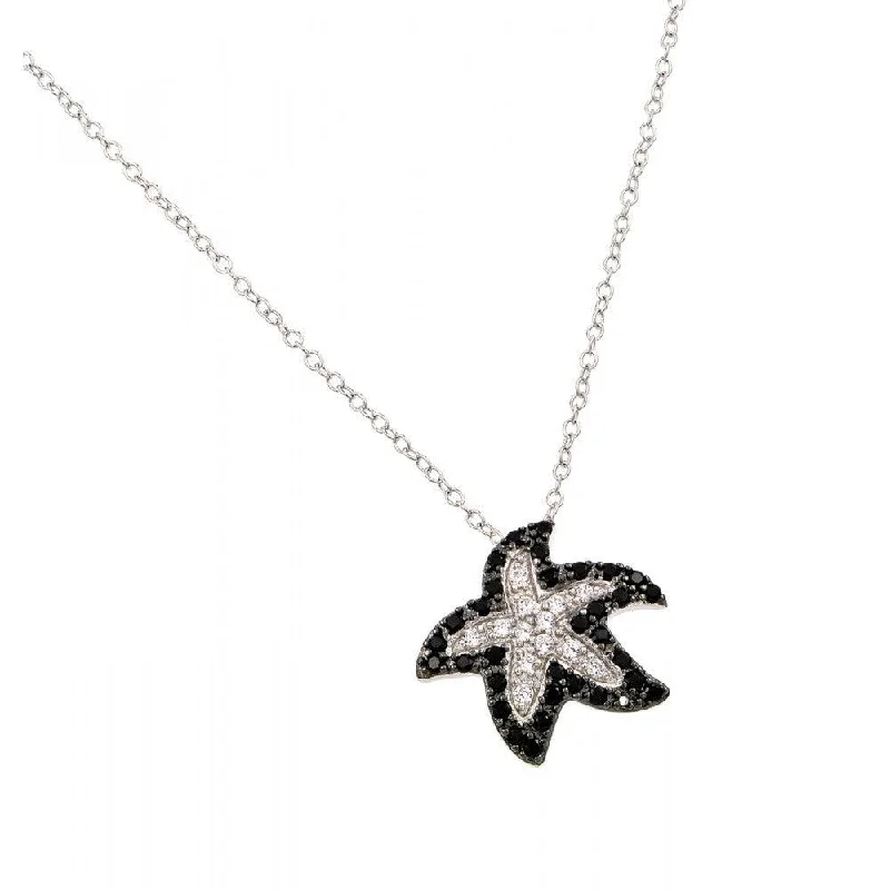 Silver 925 Rhodium Plated Clear and Black CZ Stone Starfish Pendant Necklace - BGP00862