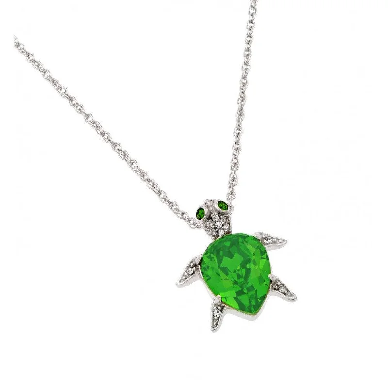 Silver 925 Rhodium Plated Clear and Light Green CZ Turtle Pendant Necklace - STP01389