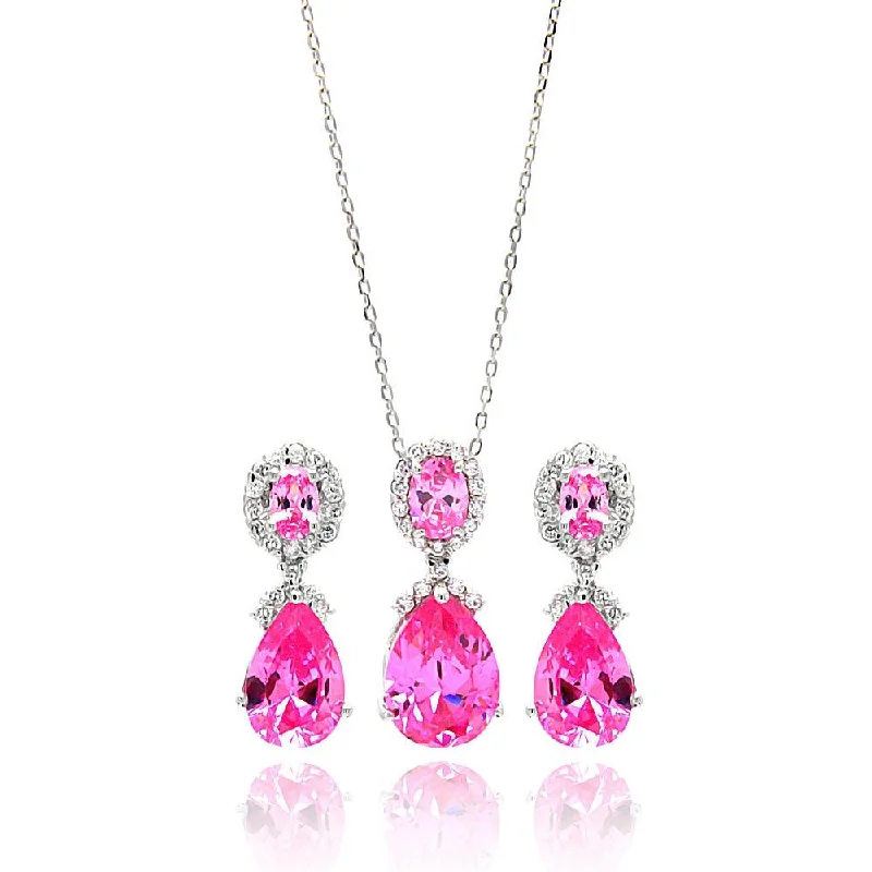 Silver 925 Rhodium Plated Clear and Pink Round and Teardrop CZ Dangling Stud Earring and Dangling Necklace - BGS00298