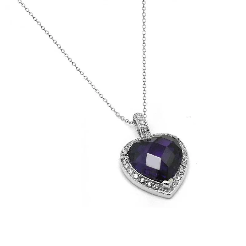 Silver 925 Rhodium Plated Clear and Purple CZ Heart Pendant Necklace - BGP00936PUR