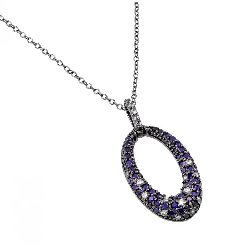 Silver 925 Rhodium Plated Clear and Purple CZ Stone Oval Hoop Pendant Necklace - BGP00889PUR