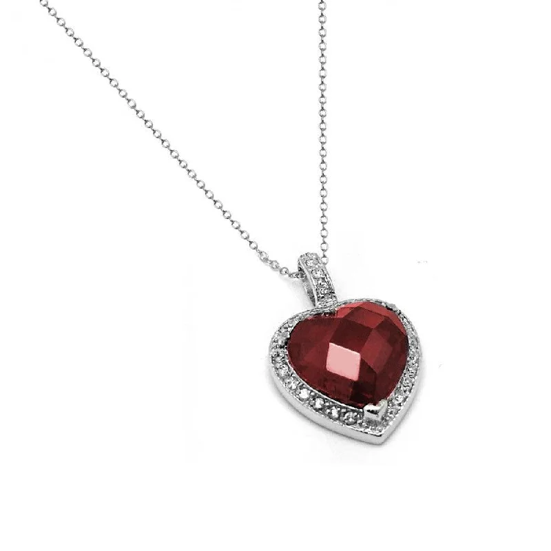 Silver 925 Rhodium Plated Clear and Red CZ Heart Pendant Necklace - BGP00936GAR