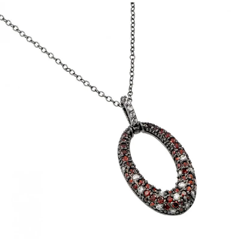 Silver 925 Rhodium Plated Clear and Red CZ Stone Oval Hoop Pendant Necklace - BGP00889GAR