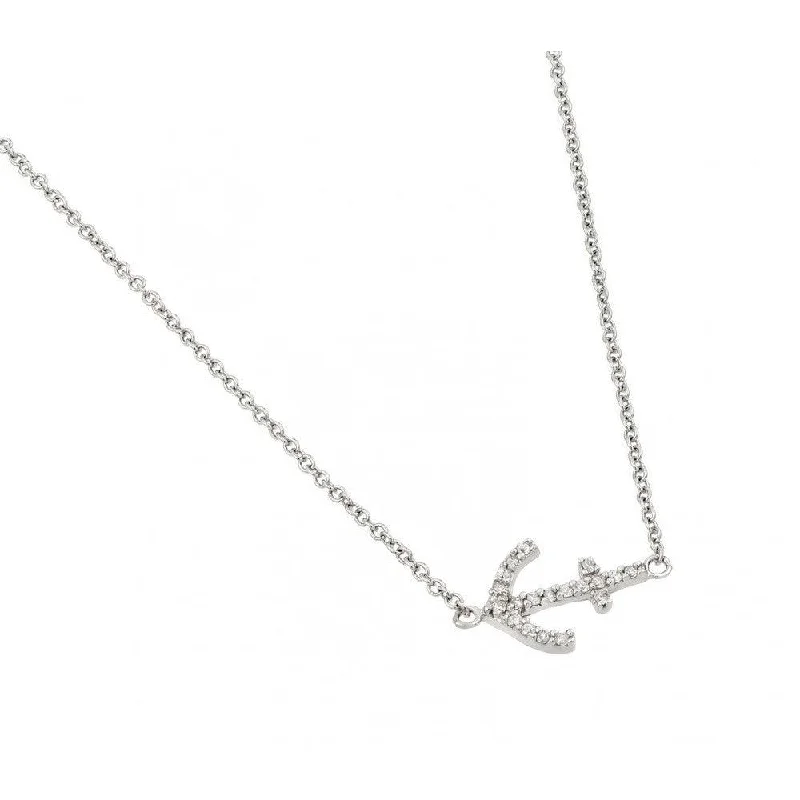 Silver 925 Rhodium Plated Clear CZ Anchor Pendant Necklace - STP01437