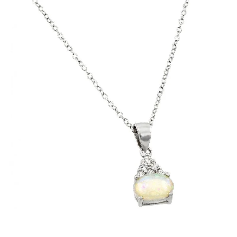 Silver 925 Rhodium Plated Clear CZ and Oval Opal Pendant Necklace - STP01411