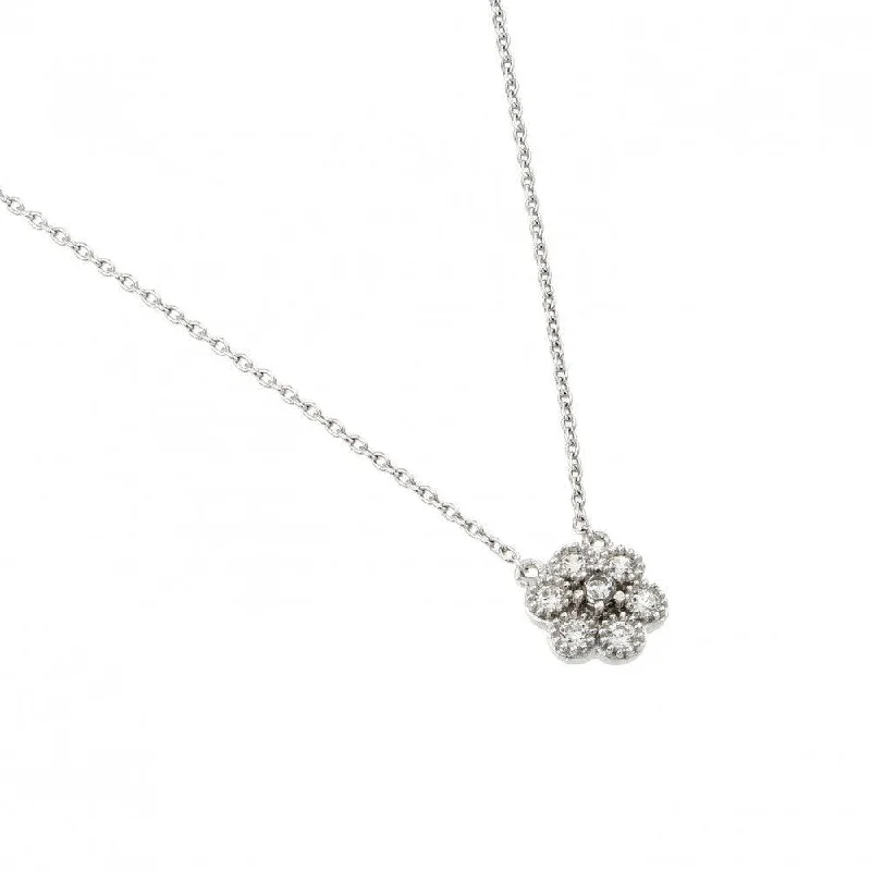 Silver 925 Rhodium Plated Clear CZ Cluster Pendant Necklace - STP01445