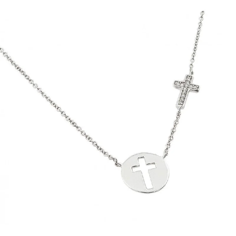 Silver 925 Rhodium Plated Clear CZ Cross Cutout Pendant Necklace - STP01405