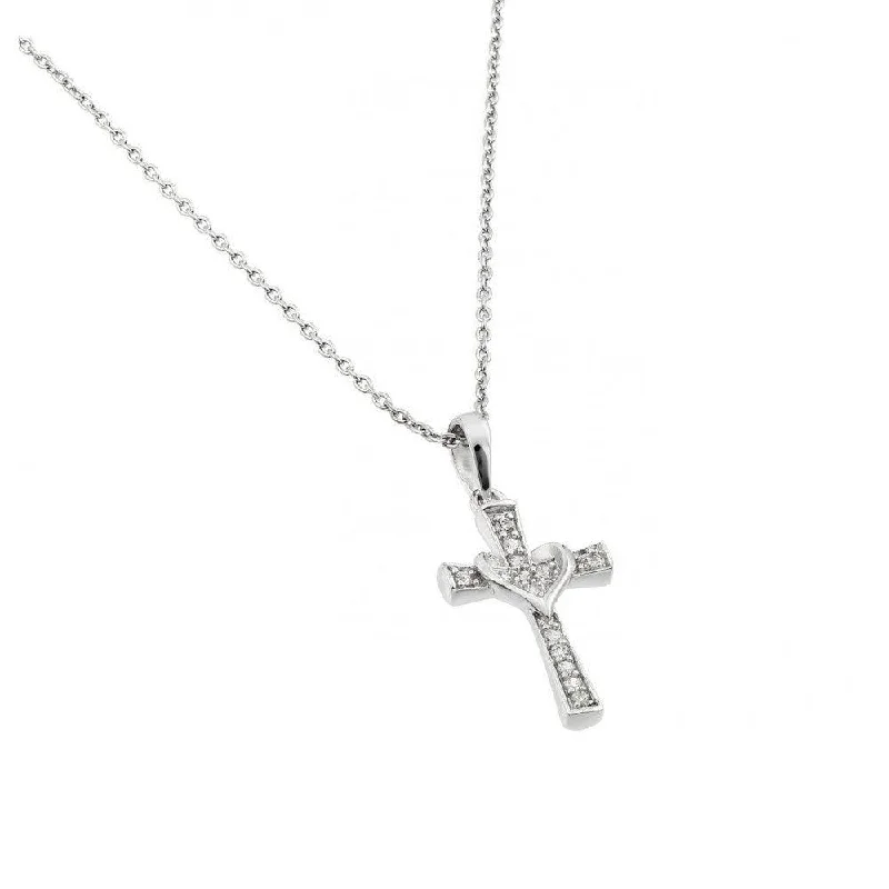 Silver 925 Rhodium Plated Clear CZ Cross Pendant Necklace - STP01398