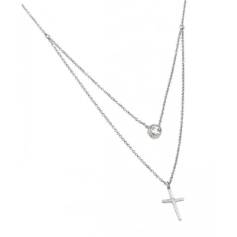 Silver 925 Rhodium Plated Clear CZ Cross Pendant Necklace - STP01419