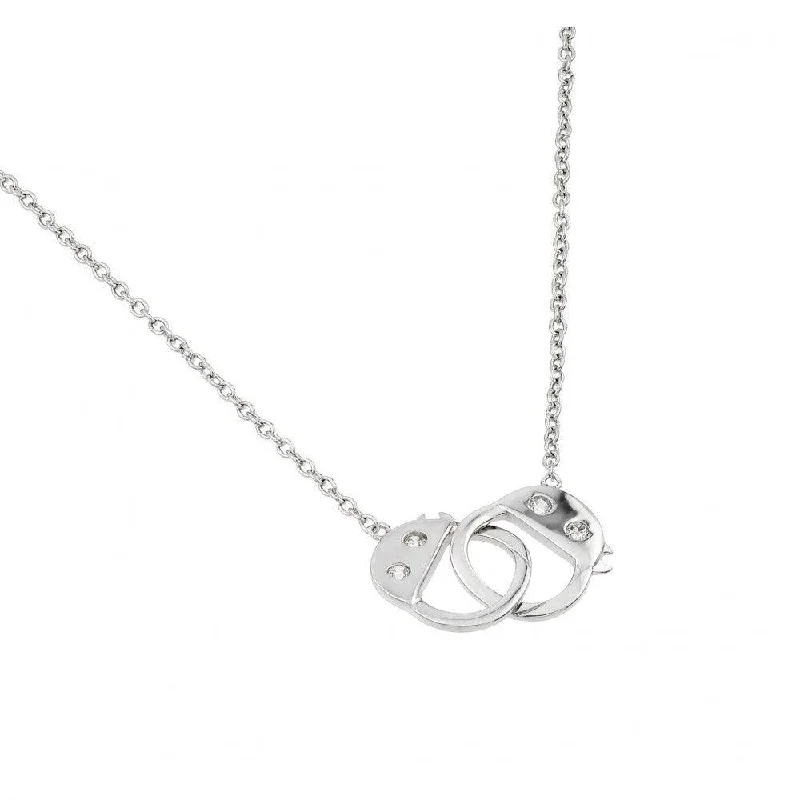 Silver 925 Rhodium Plated Clear CZ Handcuffs Pendant Necklace - STP01439