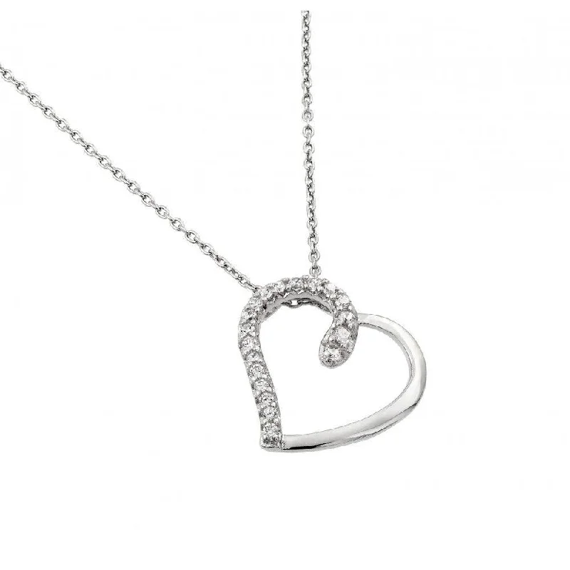 Silver 925 Rhodium Plated Clear CZ Heart Pendant Necklace - STP01414