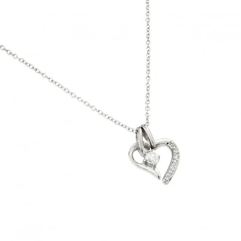 Silver 925 Rhodium Plated Clear CZ Heart Pendant Necklace - STP01450