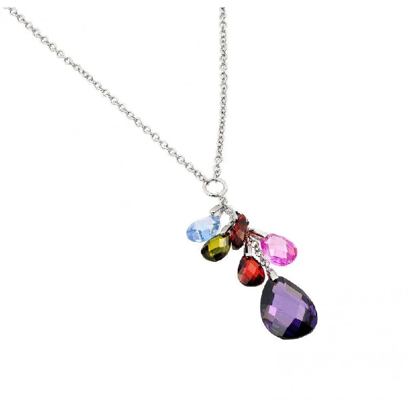 Silver 925 Rhodium Plated Clear CZ Multi-Color Pear Shapes Pendant Necklace - BGP00950