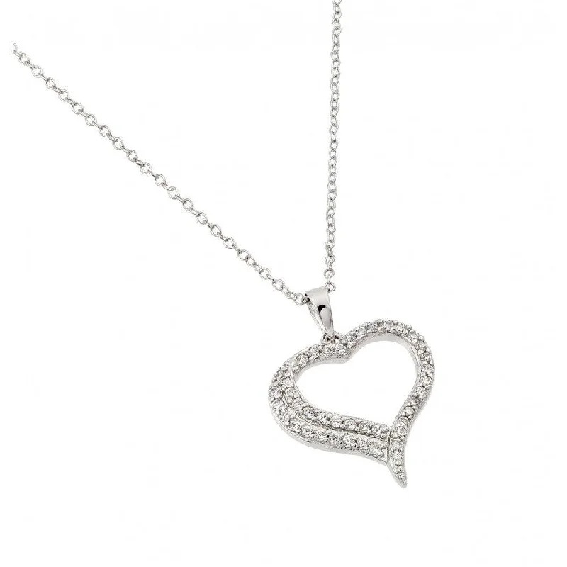 Silver 925 Rhodium Plated Clear CZ Open Heart Pendant Necklace - BGP00960