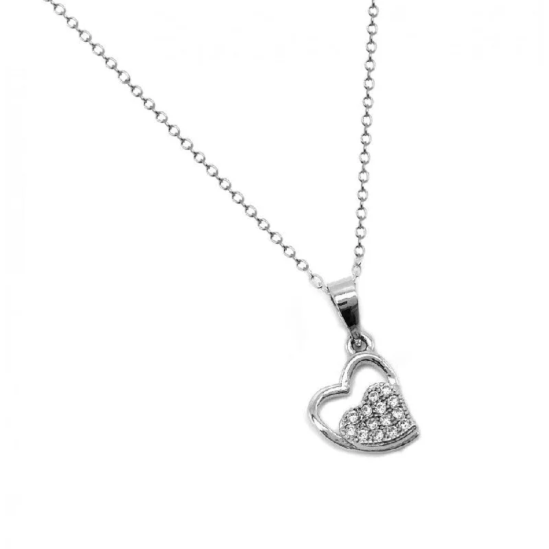 Silver 925 Rhodium Plated Clear CZ Outer and Inner Paved Heart Pendant Necklace - BGP00941